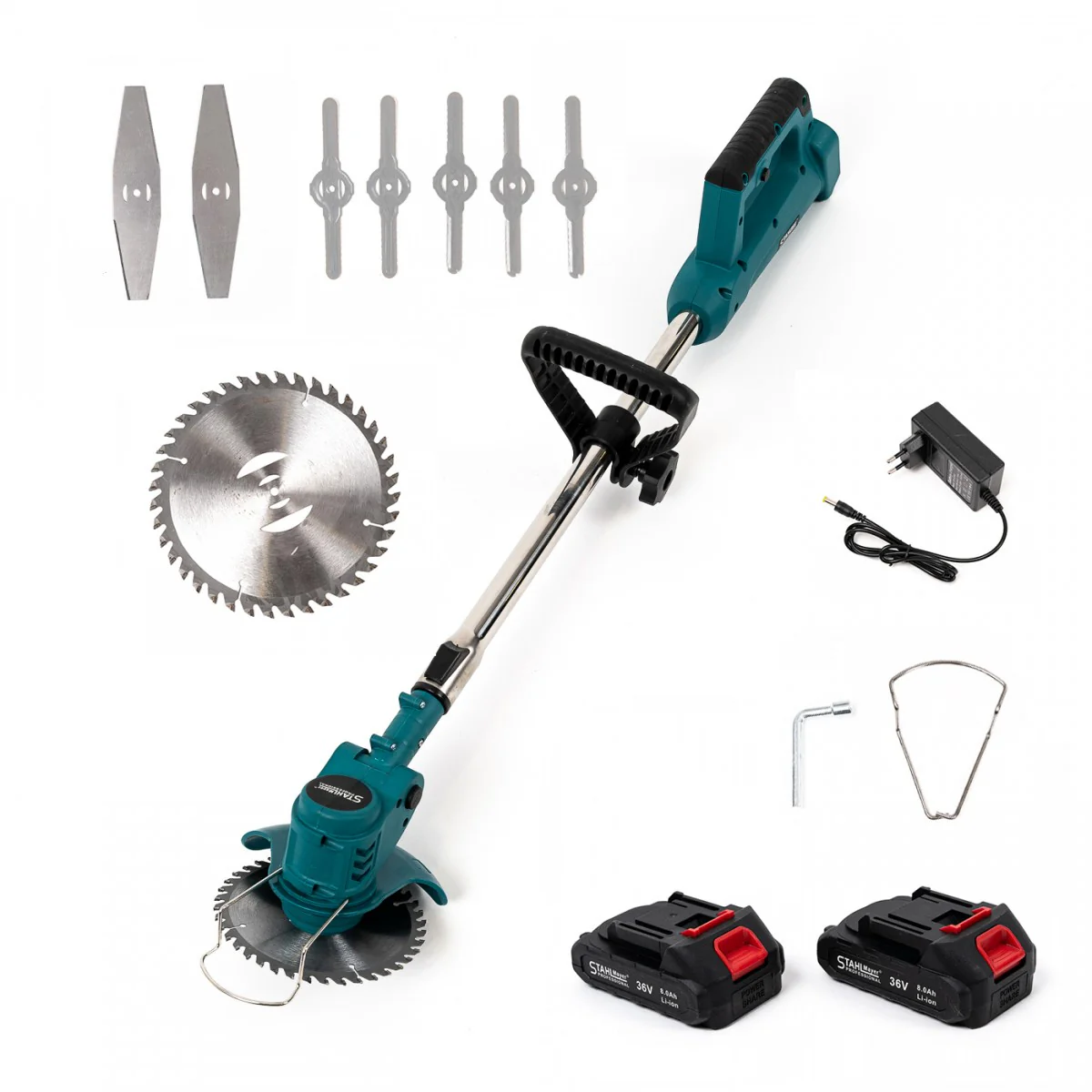 Motocoasă Electrică cu Acumulator 48V – 2 Baterii, 18.000 RPM, Lame și Disc Inclus, Ușoară și Puternică pentru Tuns Iarbă și Buruieni