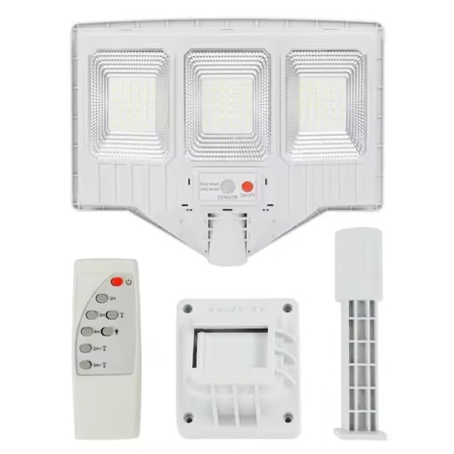 Lampa solara stradala cu telecomanda, JG-703, 6.5W, 3 cadrane, 108 LED-uri, 6000K, 10000lm, IP67, cu suport si senzor de miscare, 31x19 cm, gri