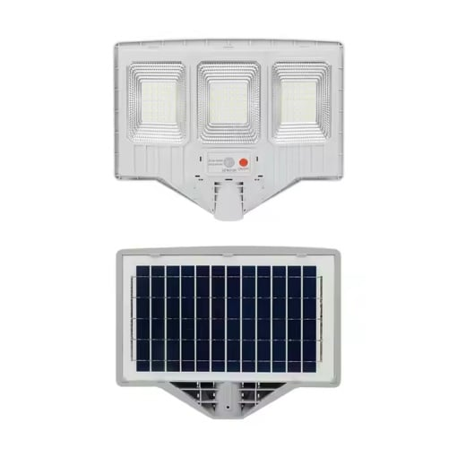 Lampa solara stradala cu telecomanda, JG-703, 6.5W, 3 cadrane, 108 LED-uri, 6000K, 10000lm, IP67, cu suport si senzor de miscare, 31x19 cm, gri