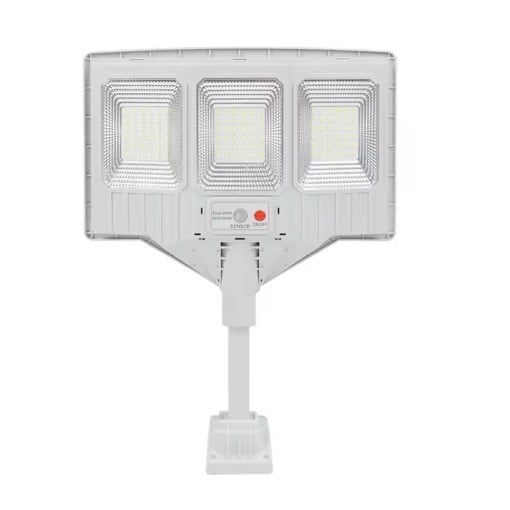 Lampa solara stradala cu telecomanda, JG-703, 6.5W, 3 cadrane, 108 LED-uri, 6000K, 10000lm, IP67, cu suport si senzor de miscare, 31x19 cm, gri