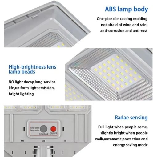 Lampa solara stradala cu telecomanda, JG-706, 6.5W, 108 LED-uri, 6000K, 10000lm, cu suport si senzor de miscare, 31x19 cm, gri