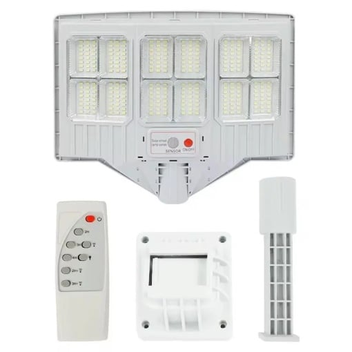 Lampa solara stradala cu telecomanda, 6.5W, 12 cadrane, 108 LED-uri, 6000K, 10000lm, cu suport si senzor de miscare, 31x19 cm, gri