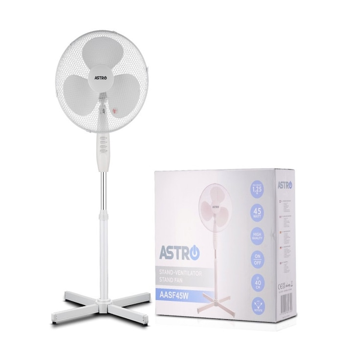 Ventilator de camera, de podea, 42W, 3 trepte de viteza, elice 40 cm, oscilatie 85°, protectie termica, inaltime ajustabila, alb