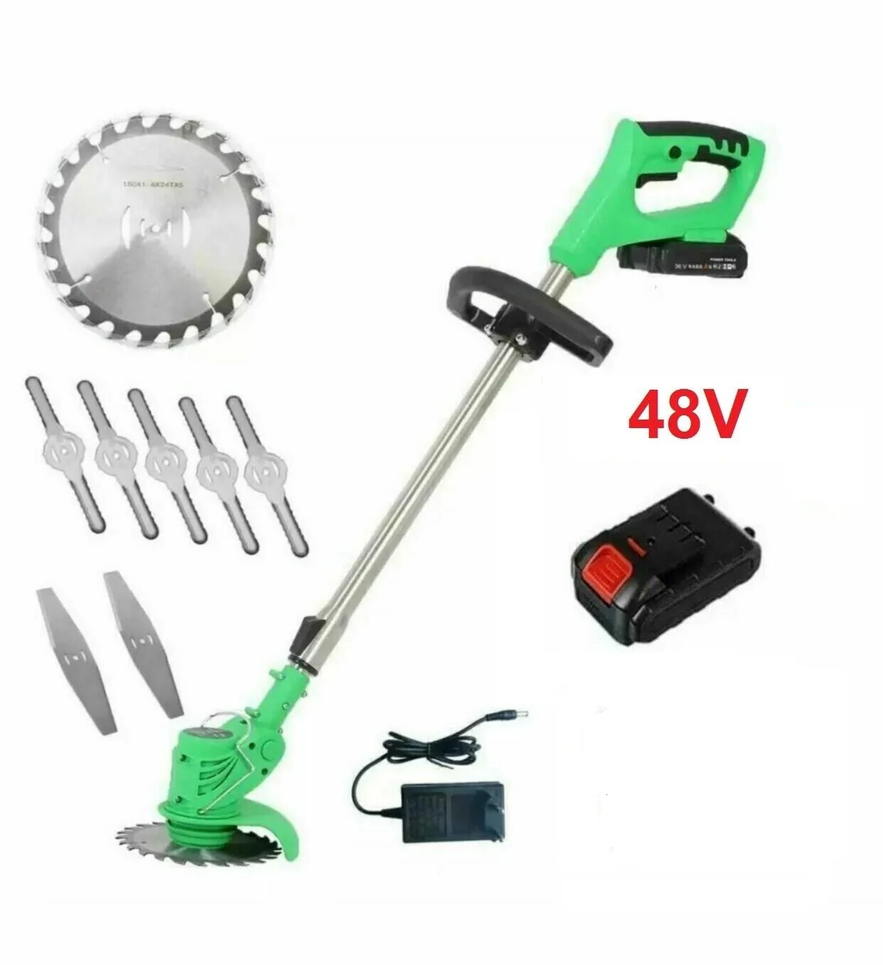 Motocoasă Electrică cu Acumulator 48V – 2 Baterii, 18.000 RPM, Lame și Disc Inclus, Ușoară și Puternică pentru Tuns Iarbă și Buruieni